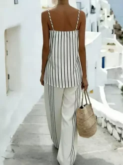 Two Piece Sets White Casual Stripes Daily Casual Polyester Straps Neck Sleeveless Pant Set