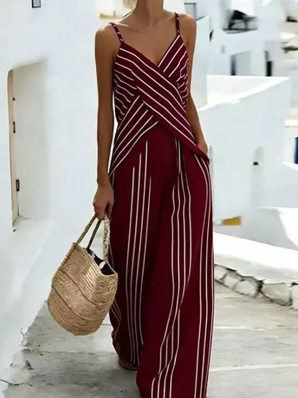 Two Piece Sets White Casual Stripes Daily Casual Polyester Straps Neck Sleeveless Pant Set