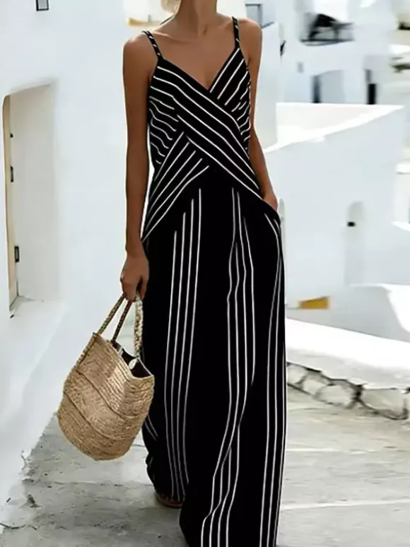Two Piece Sets White Casual Stripes Daily Casual Polyester Straps Neck Sleeveless Pant Set