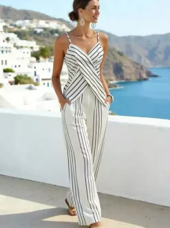 Two Piece Sets White Casual Stripes Daily Casual Polyester Straps Neck Sleeveless Pant Set