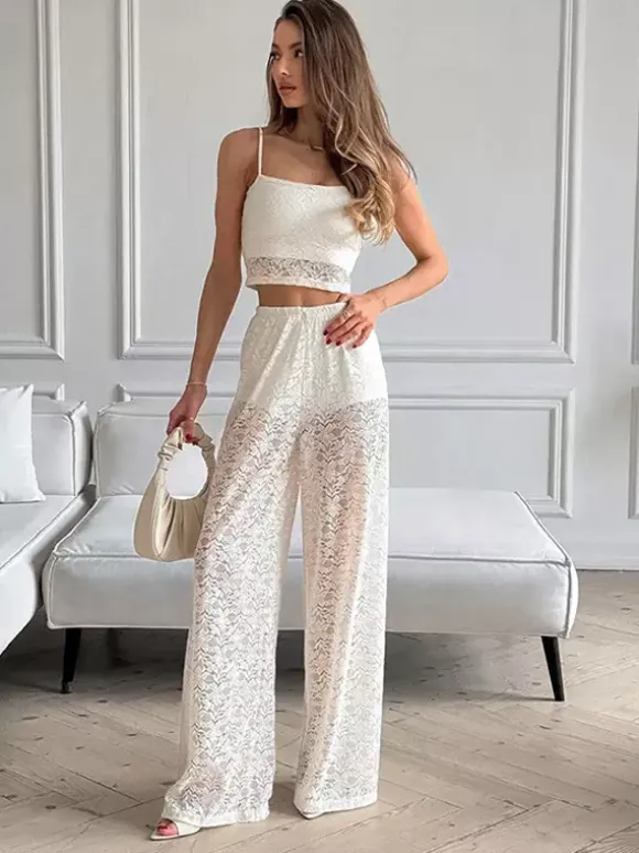 Two Piece Sets White Chic Daily Casual Lace Straps Neck Sleeveless Pant Set