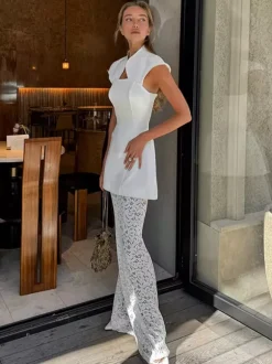 Two Piece Sets White Chic Lace Daily Casual Shaping Sleeveless Skirt Set