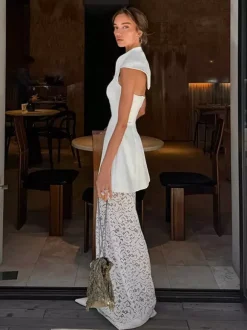 Two Piece Sets White Chic Lace Daily Casual Shaping Sleeveless Skirt Set