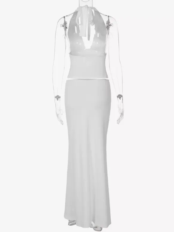 Two Piece Sets White Chic Lace Up Street Wear V-Neck Sleeveless Skirt Set