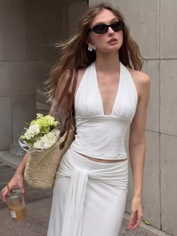 Two Piece Sets White Chic Lace Up Street Wear V-Neck Sleeveless Skirt Set