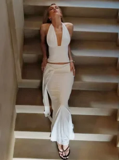 Two Piece Sets White Chic Lace Up Street Wear V-Neck Sleeveless Skirt Set