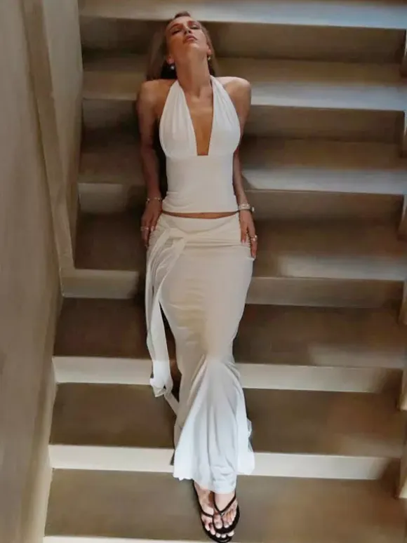 Two Piece Sets White Chic Lace Up Street Wear V-Neck Sleeveless Skirt Set
