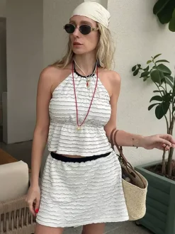 Two Piece Sets White Chic Stripes Jewel Neck Clothes Sleeveless Skirt Set