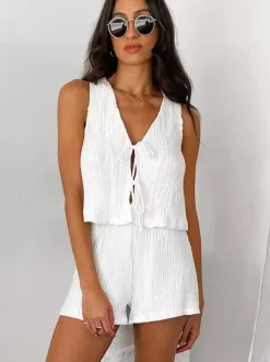 Two Piece Sets White Daily Casual V-Neck Sleeveless Elegant Pant Set