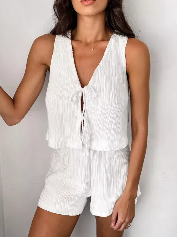 Two Piece Sets White Daily Casual V-Neck Sleeveless Elegant Pant Set