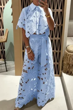 Two Piece Sets White Daily Casual Cut Out Turndown Collar Short Sleeves Elegant Pant Set