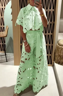 Two Piece Sets White Daily Casual Cut Out Turndown Collar Short Sleeves Elegant Pant Set