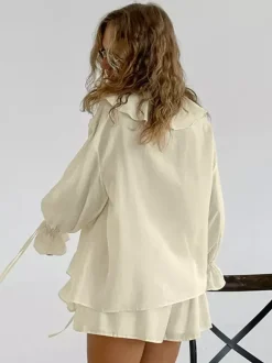 Two Piece Sets White Daily Casual Ruffles V-Neck Long Sleeves Pant Set