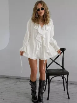 Two Piece Sets White Daily Casual Ruffles V-Neck Long Sleeves Pant Set