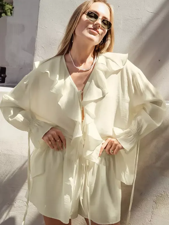 Two Piece Sets White Daily Casual Ruffles V-Neck Long Sleeves Pant Set
