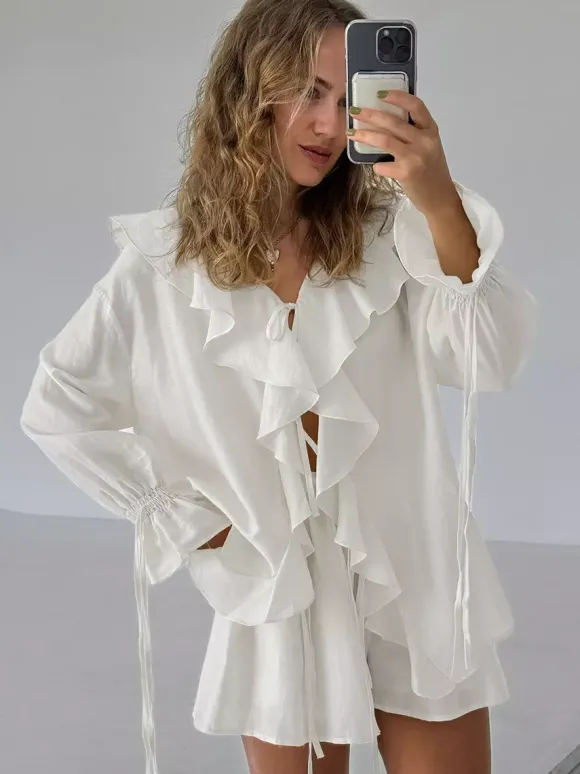 Two Piece Sets White Daily Casual Ruffles V-Neck Long Sleeves Pant Set