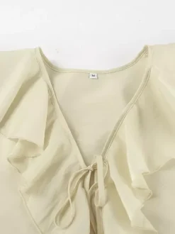 Two Piece Sets White Daily Casual Ruffles V-Neck Long Sleeves Pant Set