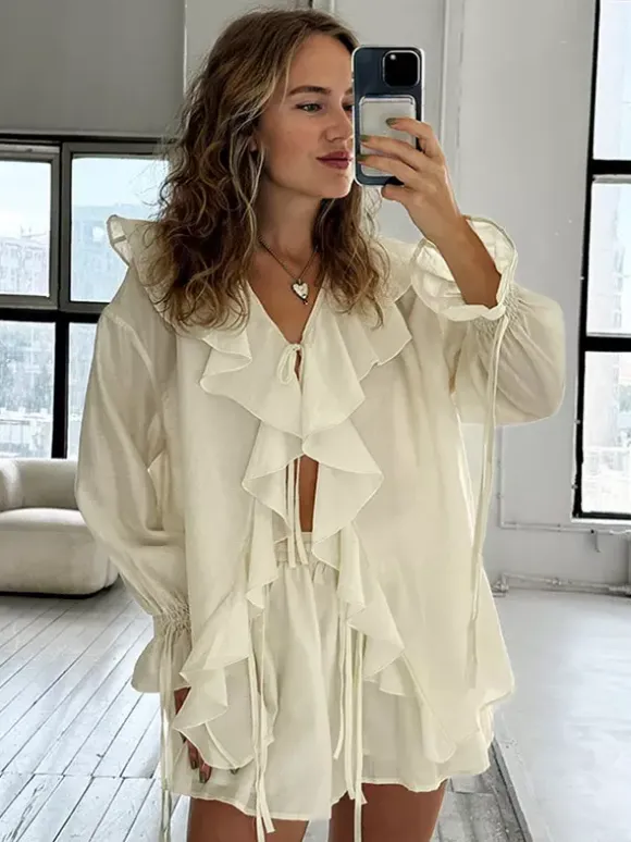 Two Piece Sets White Daily Casual Ruffles V-Neck Long Sleeves Pant Set