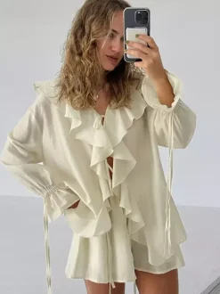 Two Piece Sets White Daily Casual Ruffles V-Neck Long Sleeves Pant Set