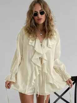 Two Piece Sets White Daily Casual Ruffles V-Neck Long Sleeves Pant Set
