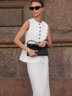 Two Piece Sets White Dating Buttons Chic Jewel Neck Sleeveless Skirt Set