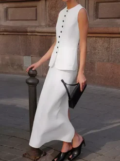 Two Piece Sets White Dating Buttons Chic Jewel Neck Sleeveless Skirt Set