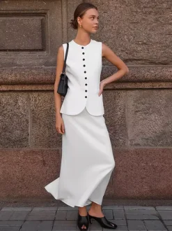 Two Piece Sets White Dating Buttons Chic Jewel Neck Sleeveless Skirt Set