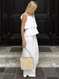 Two Piece Sets White Party Cotton Straps Neck Sleeveless Casual Pant Set