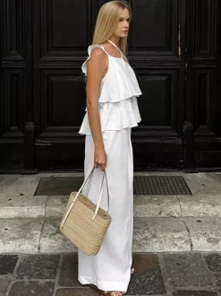 Two Piece Sets White Party Cotton Straps Neck Sleeveless Casual Pant Set