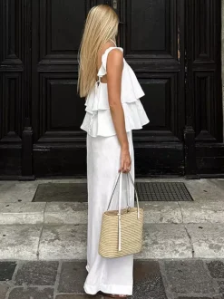 Two Piece Sets White Party Cotton Straps Neck Sleeveless Casual Pant Set