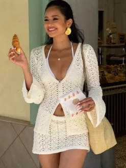 Two Piece Sets White Sexy Knitted Resort Wear V-Neck Lantern Sleeve Long Sleeves Skirt Set