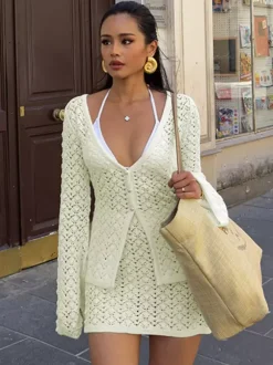 Two Piece Sets White Sexy Knitted Resort Wear V-Neck Lantern Sleeve Long Sleeves Skirt Set