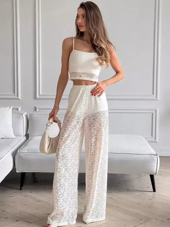 Two Piece Sets White Street Wear Lace Sheer Straps Neck Sleeveless Chic Pant Set