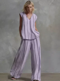 Two Piece Sets White Stripes Street Wear Lycra Spandex V-Neck Sleeveless Casual Pant Set