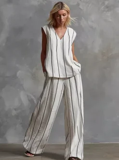 Two Piece Sets White Stripes Street Wear Lycra Spandex V-Neck Sleeveless Casual Pant Set