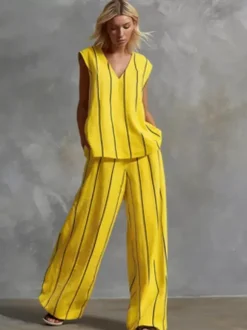 Two Piece Sets White Stripes Street Wear Lycra Spandex V-Neck Sleeveless Casual Pant Set