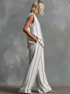Two Piece Sets White Stripes Street Wear Lycra Spandex V-Neck Sleeveless Casual Pant Set