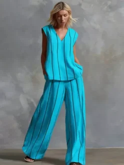 Two Piece Sets White Stripes Street Wear Lycra Spandex V-Neck Sleeveless Casual Pant Set