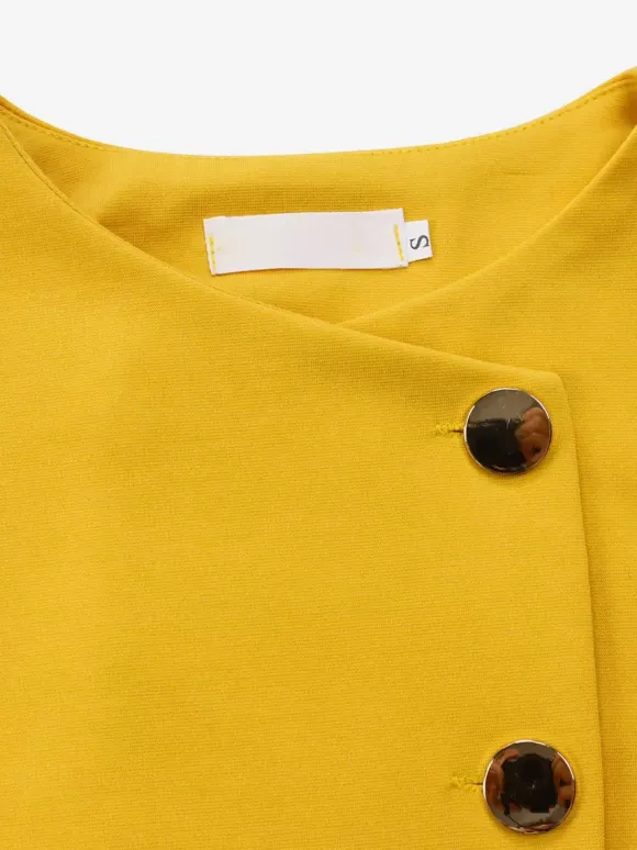 Two Piece Sets Yellow Casual Pleated Street Wear Polyester Jewel Neck Asymmetrical Short Sleeves Skirt Set