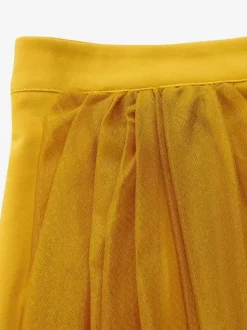 Two Piece Sets Yellow Casual Pleated Street Wear Polyester Jewel Neck Asymmetrical Short Sleeves Skirt Set