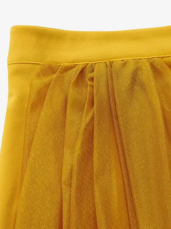 Two Piece Sets Yellow Casual Pleated Street Wear Polyester Jewel Neck Asymmetrical Short Sleeves Skirt Set