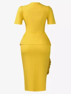 Two Piece Sets Yellow Casual Pleated Street Wear Polyester Jewel Neck Asymmetrical Short Sleeves Skirt Set