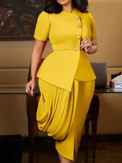 Two Piece Sets Yellow Casual Pleated Street Wear Polyester Jewel Neck Asymmetrical Short Sleeves Skirt Set