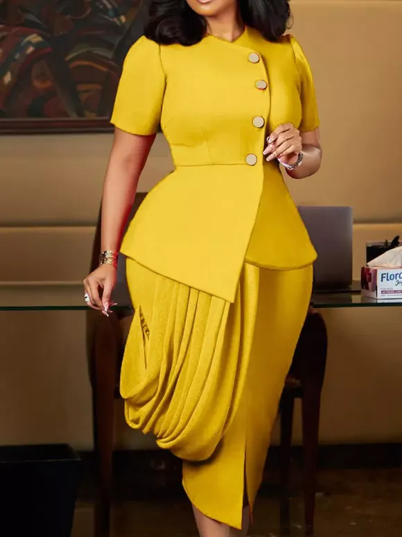 Two Piece Sets Yellow Casual Pleated Street Wear Polyester Jewel Neck Asymmetrical Short Sleeves Skirt Set