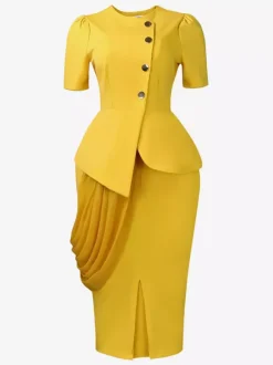 Two Piece Sets Yellow Casual Pleated Street Wear Polyester Jewel Neck Asymmetrical Short Sleeves Skirt Set
