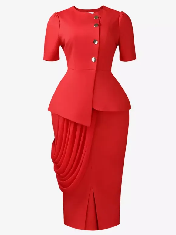 Two Piece Sets Yellow Casual Pleated Street Wear Polyester Jewel Neck Asymmetrical Short Sleeves Skirt Set
