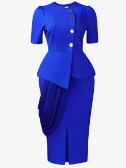 Two Piece Sets Yellow Casual Pleated Street Wear Polyester Jewel Neck Asymmetrical Short Sleeves Skirt Set