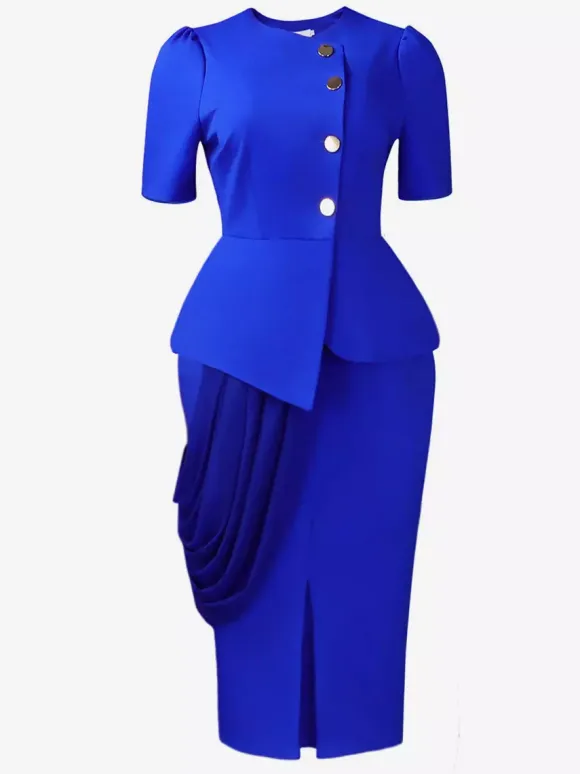 Two Piece Sets Yellow Casual Pleated Street Wear Polyester Jewel Neck Asymmetrical Short Sleeves Skirt Set