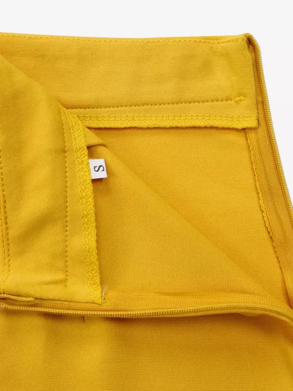 Two Piece Sets Yellow Casual Pleated Street Wear Polyester Jewel Neck Asymmetrical Short Sleeves Skirt Set