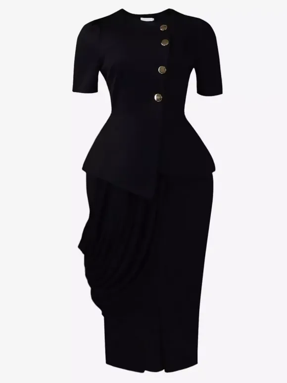 Two Piece Sets Yellow Casual Pleated Street Wear Polyester Jewel Neck Asymmetrical Short Sleeves Skirt Set